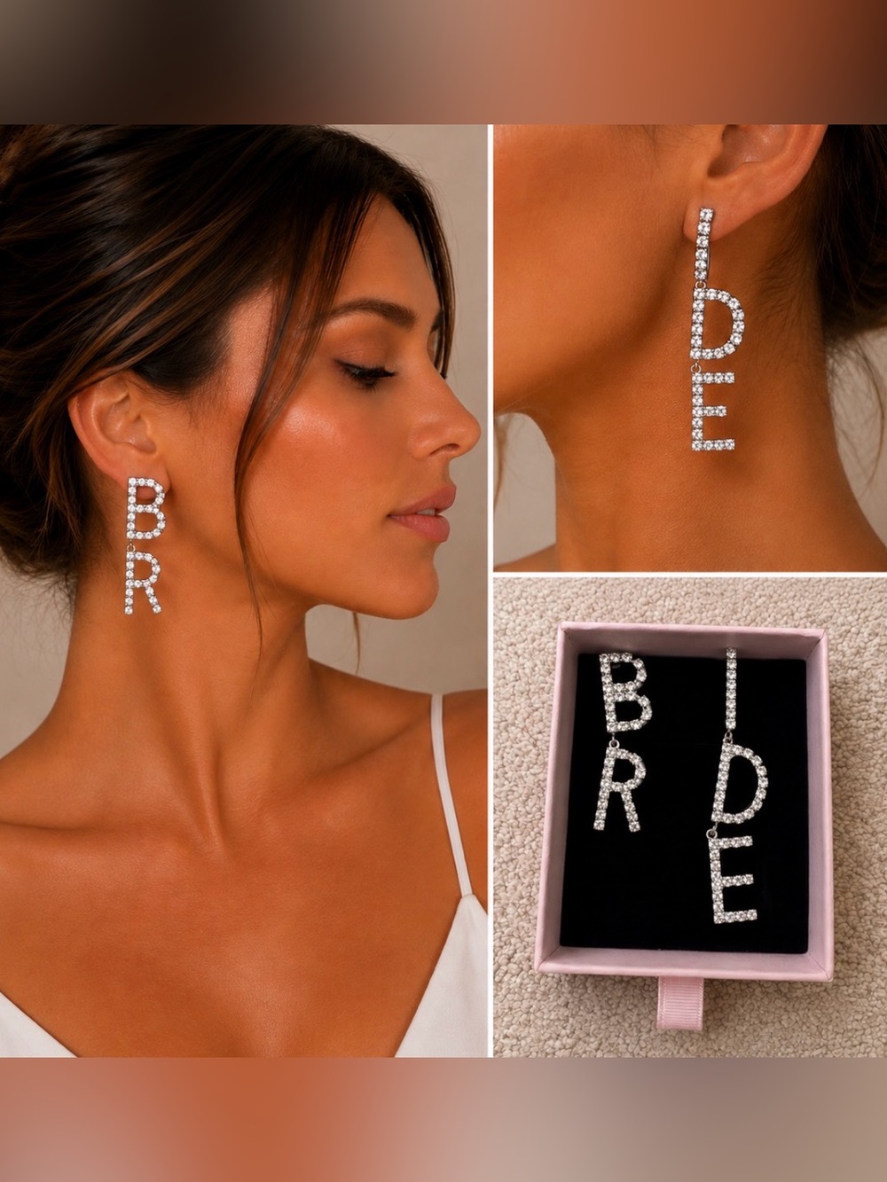 Silver Crystal Letter Drop Earrings — 'BRIDE' Sparkle